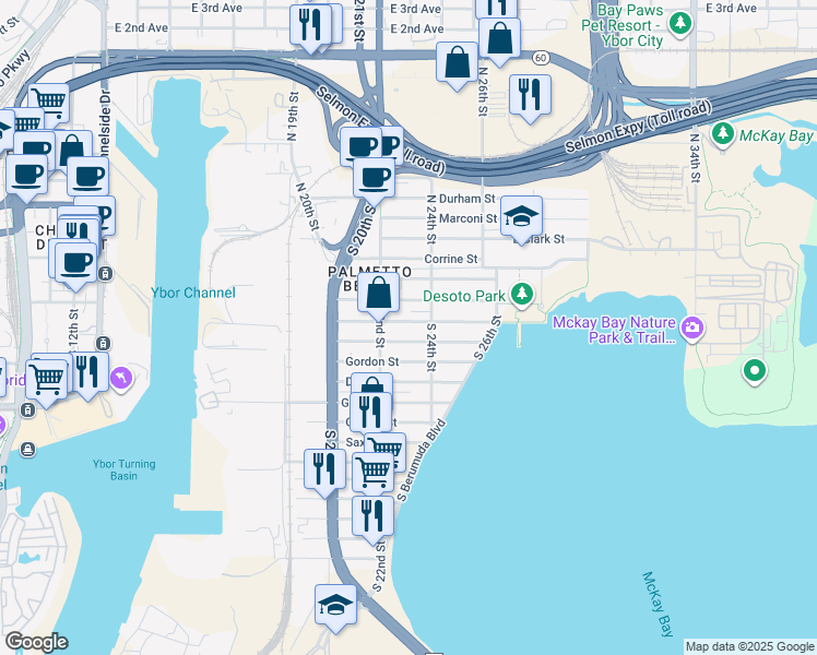 map of restaurants, bars, coffee shops, grocery stores, and more near 2210 Linsey Street in Tampa