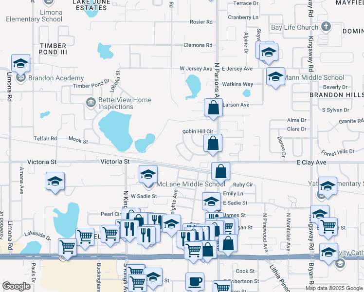 map of restaurants, bars, coffee shops, grocery stores, and more near 530 Robin Hill Circle in Brandon