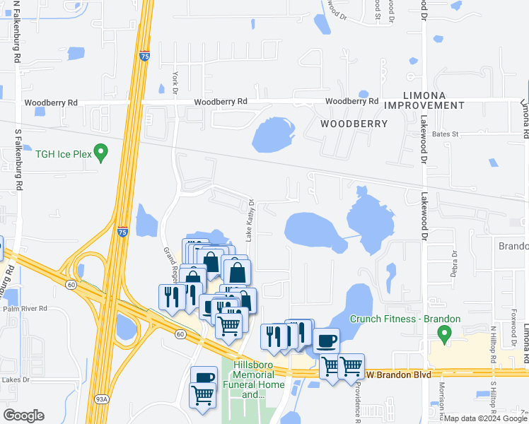 map of restaurants, bars, coffee shops, grocery stores, and more near 535 Gornto Lake Road in Brandon
