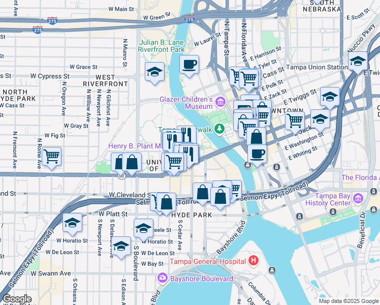 map of restaurants, bars, coffee shops, grocery stores, and more near 401 West Kennedy Boulevard in Tampa