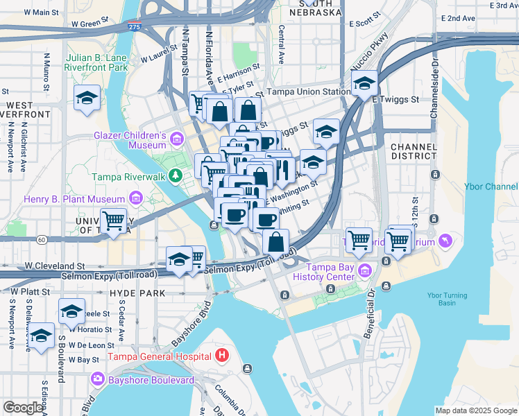 map of restaurants, bars, coffee shops, grocery stores, and more near 181 North Florida Avenue in Tampa