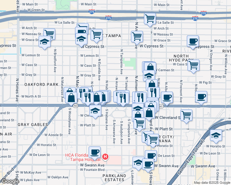 map of restaurants, bars, coffee shops, grocery stores, and more near 206 North Arrawana Avenue in Tampa