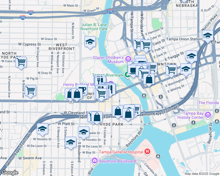 map of restaurants, bars, coffee shops, grocery stores, and more near 401 West Kennedy Boulevard in Tampa