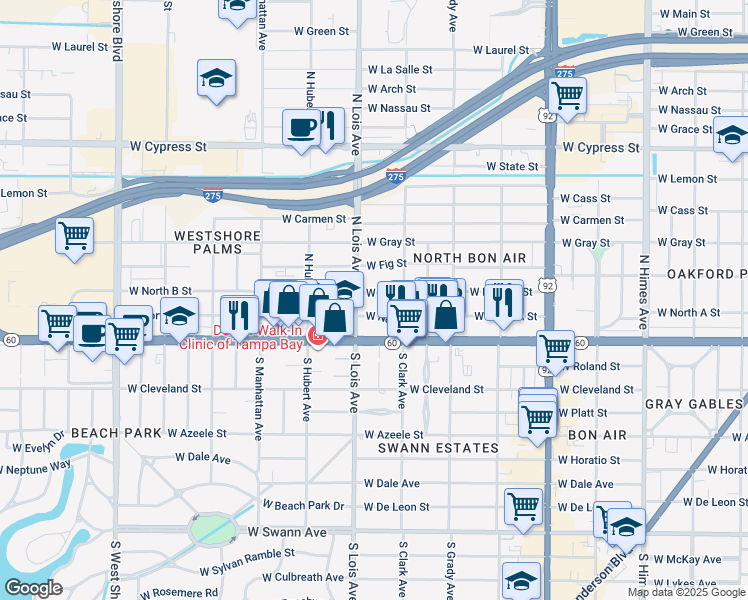 map of restaurants, bars, coffee shops, grocery stores, and more near 4114 West North B Street in Tampa