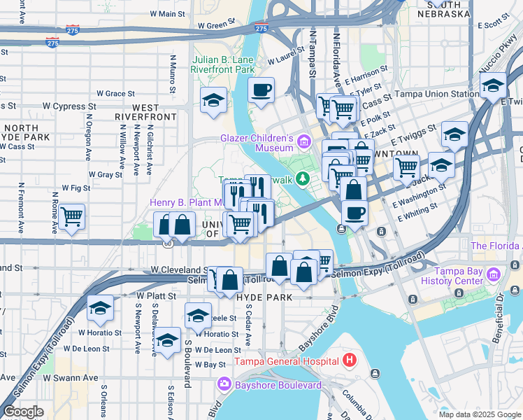 map of restaurants, bars, coffee shops, grocery stores, and more near 401 West Kennedy Boulevard in Tampa