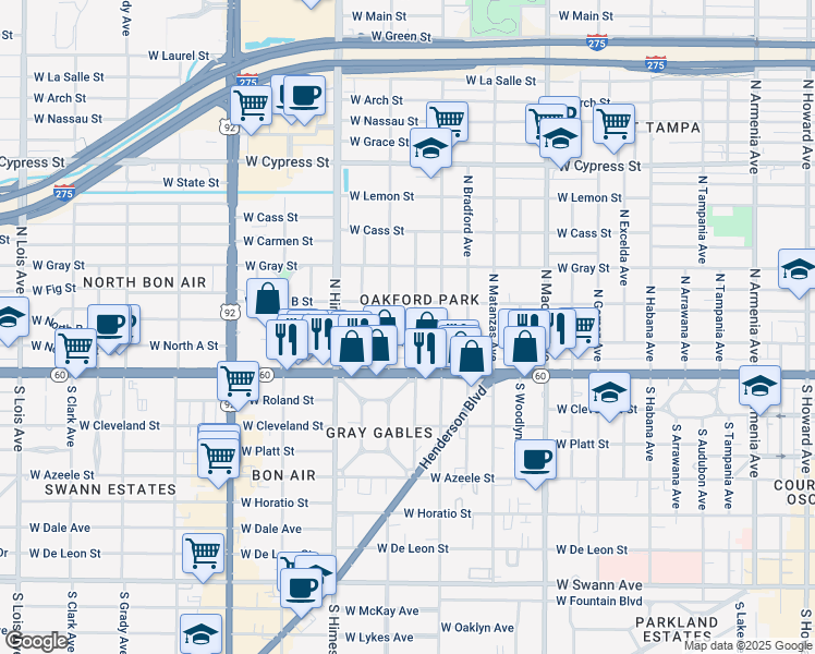 map of restaurants, bars, coffee shops, grocery stores, and more near 206 North Beverly Avenue in Tampa