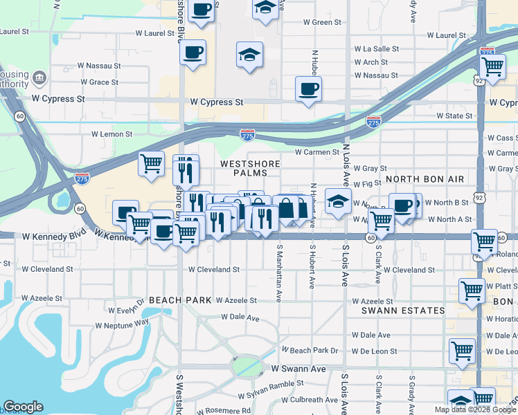 map of restaurants, bars, coffee shops, grocery stores, and more near 4420 West North B Street in Tampa