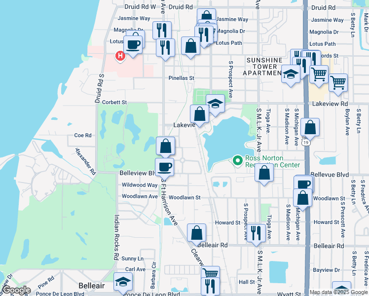 map of restaurants, bars, coffee shops, grocery stores, and more near 1399 Hamlet Avenue in Clearwater