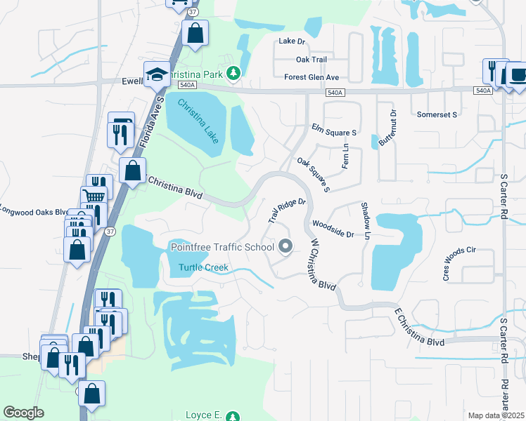 map of restaurants, bars, coffee shops, grocery stores, and more near 6520 Sunset Ridge in Lakeland
