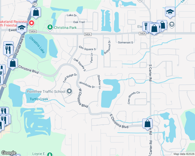 map of restaurants, bars, coffee shops, grocery stores, and more near 118 Shadow Lane in Lakeland