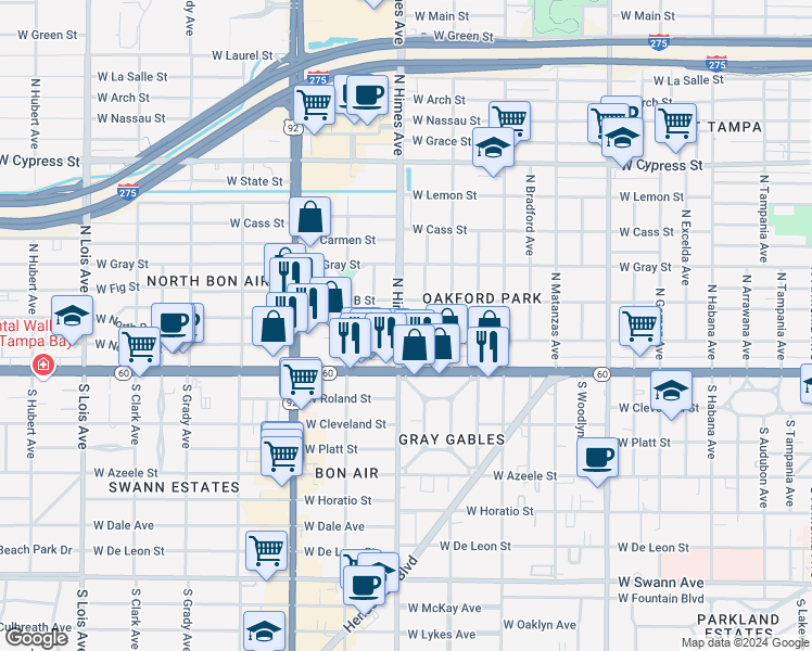 map of restaurants, bars, coffee shops, grocery stores, and more near 205 North Himes Avenue in Tampa