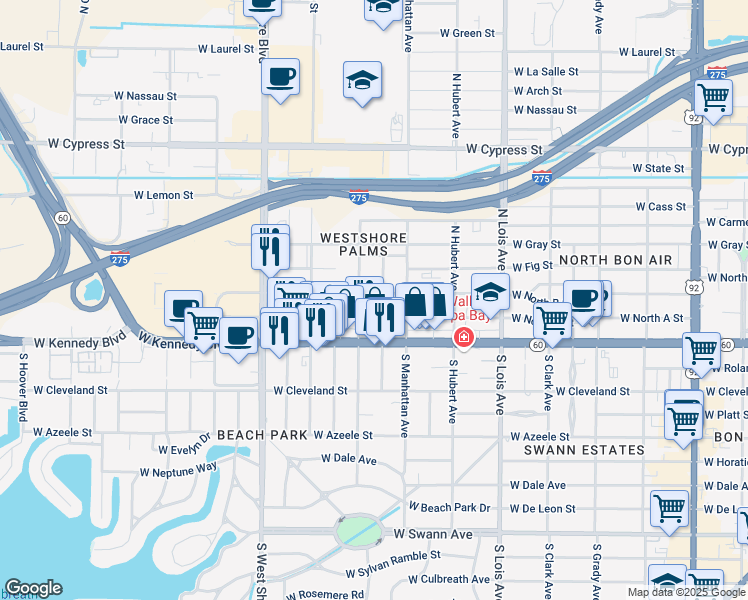 map of restaurants, bars, coffee shops, grocery stores, and more near 4420 West North B Street in Tampa