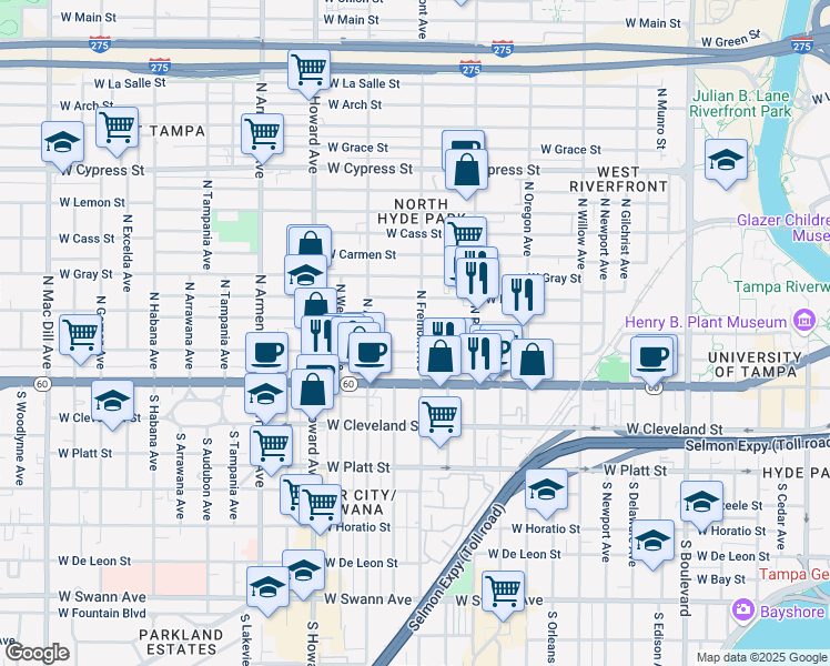 map of restaurants, bars, coffee shops, grocery stores, and more near 204 North Fremont Avenue in Tampa