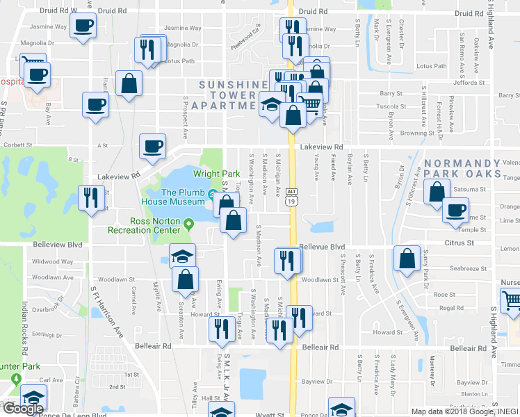 map of restaurants, bars, coffee shops, grocery stores, and more near 1140 Kingsley Street in Clearwater
