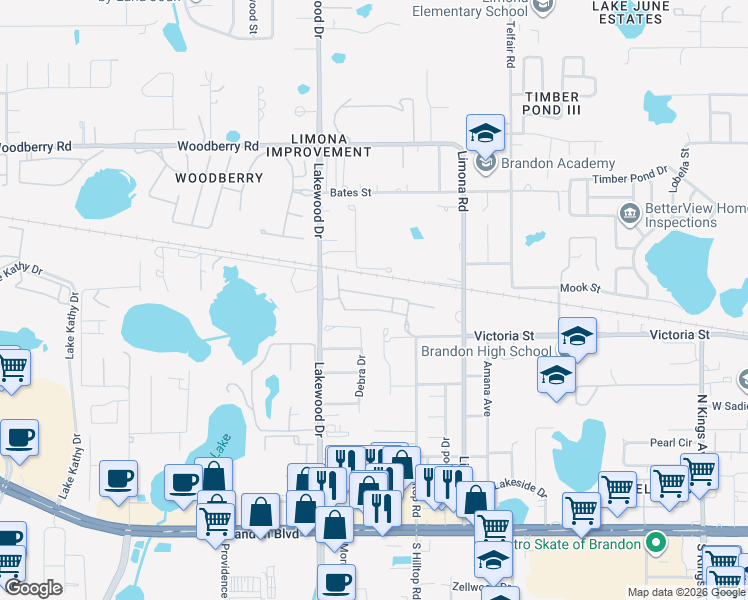 map of restaurants, bars, coffee shops, grocery stores, and more near 1543 Blue Magnolia Road in Brandon