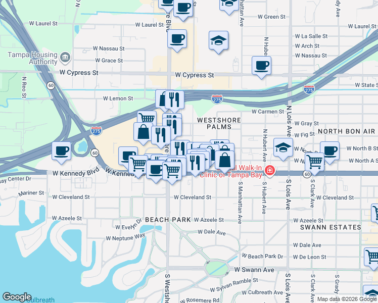 map of restaurants, bars, coffee shops, grocery stores, and more near 4602 West North B Street in Tampa