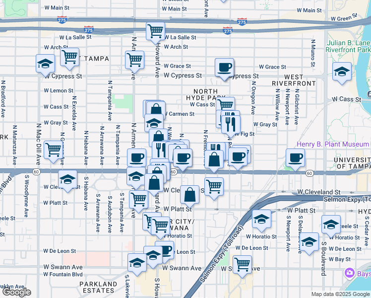 map of restaurants, bars, coffee shops, grocery stores, and more near 207 North Albany Avenue in Tampa