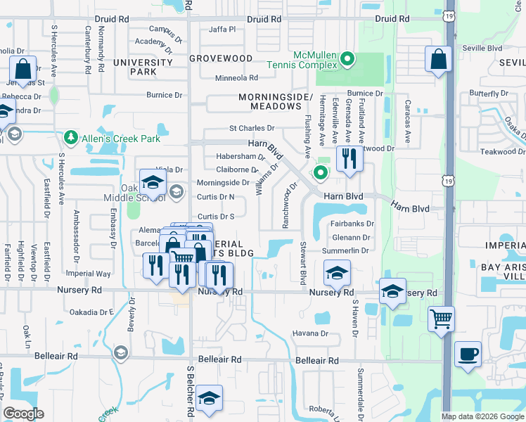 map of restaurants, bars, coffee shops, grocery stores, and more near 1355 Williams Drive in Clearwater