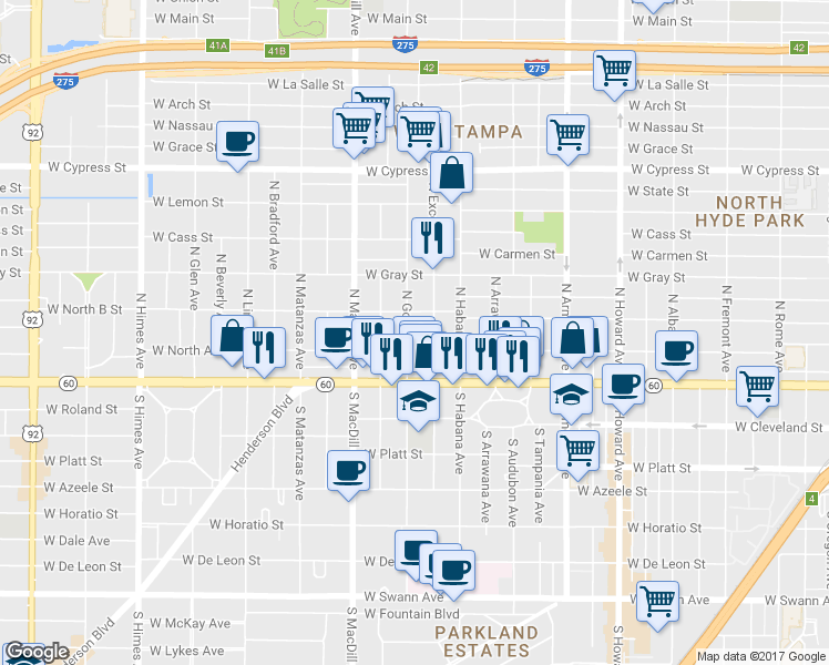 map of restaurants, bars, coffee shops, grocery stores, and more near 207 North Gomez Avenue in Tampa