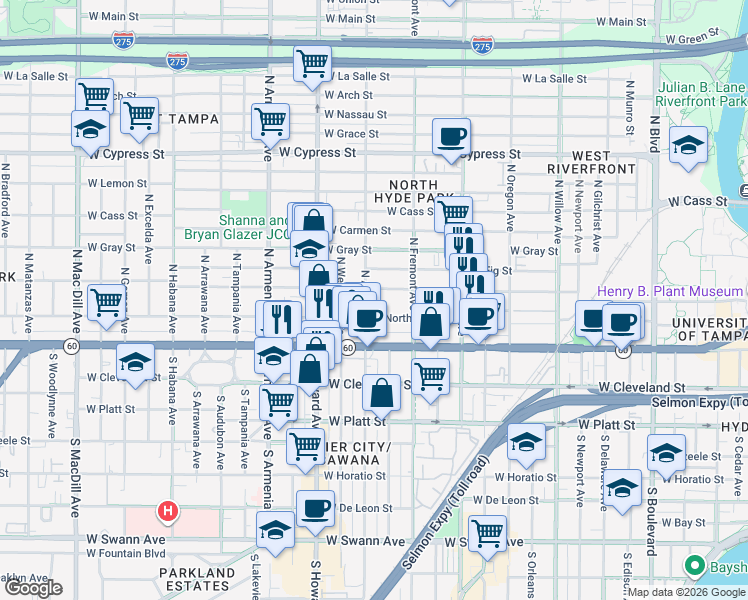 map of restaurants, bars, coffee shops, grocery stores, and more near 207 North Albany Avenue in Tampa