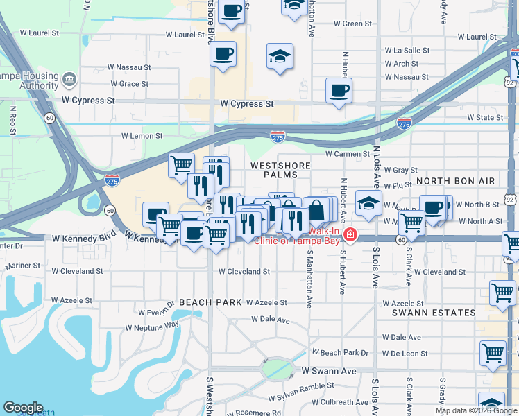 map of restaurants, bars, coffee shops, grocery stores, and more near 4516 West North B Street in Tampa