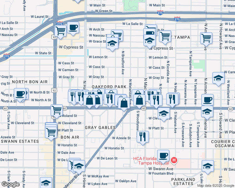 map of restaurants, bars, coffee shops, grocery stores, and more near 205 North Lincoln Avenue in Tampa