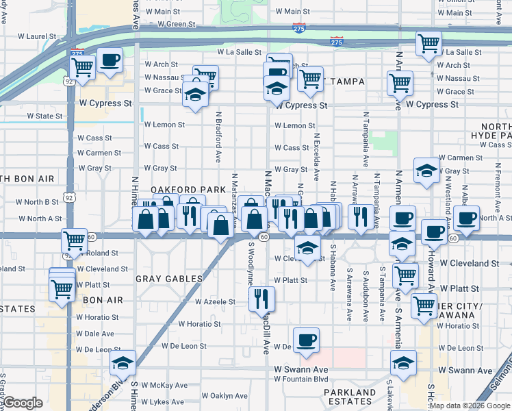 map of restaurants, bars, coffee shops, grocery stores, and more near 207 North Woodlynne Avenue in Tampa
