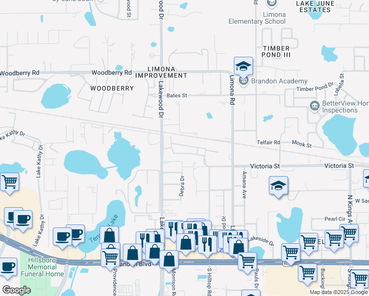 map of restaurants, bars, coffee shops, grocery stores, and more near 1543 Blue Magnolia Road in Brandon