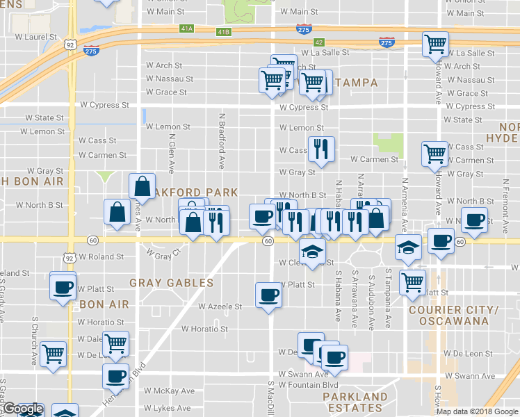 map of restaurants, bars, coffee shops, grocery stores, and more near 207 North Woodlynne Avenue in Tampa