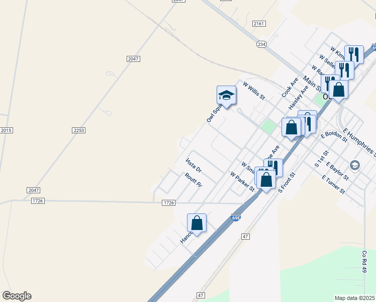 map of restaurants, bars, coffee shops, grocery stores, and more near 531 Vista Dr in Odem