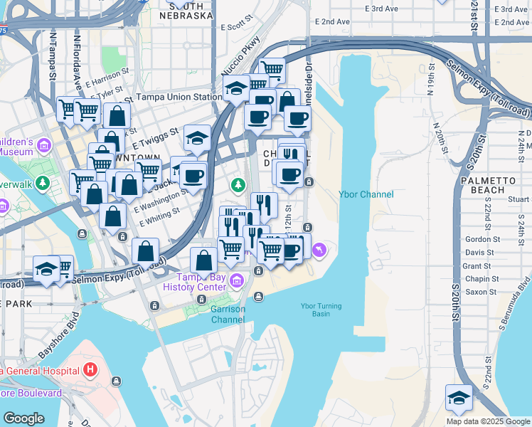 map of restaurants, bars, coffee shops, grocery stores, and more near 110 South 11th Street in Tampa