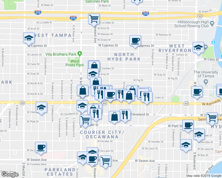 map of restaurants, bars, coffee shops, grocery stores, and more near 207 North Albany Avenue in Tampa
