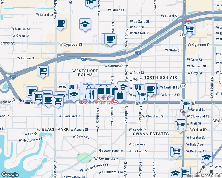 map of restaurants, bars, coffee shops, grocery stores, and more near 210 North Hubert Avenue in Tampa
