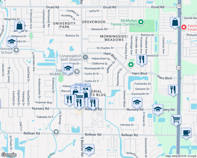 map of restaurants, bars, coffee shops, grocery stores, and more near 2268 Curtis Drive South in Clearwater