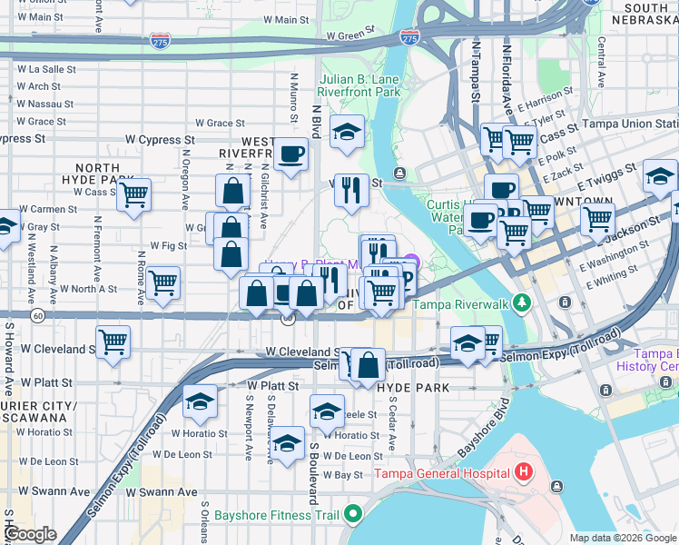 map of restaurants, bars, coffee shops, grocery stores, and more near 799 W North B St in Tampa