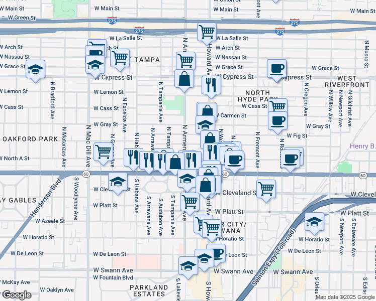 map of restaurants, bars, coffee shops, grocery stores, and more near 205 North Armenia Avenue in Tampa