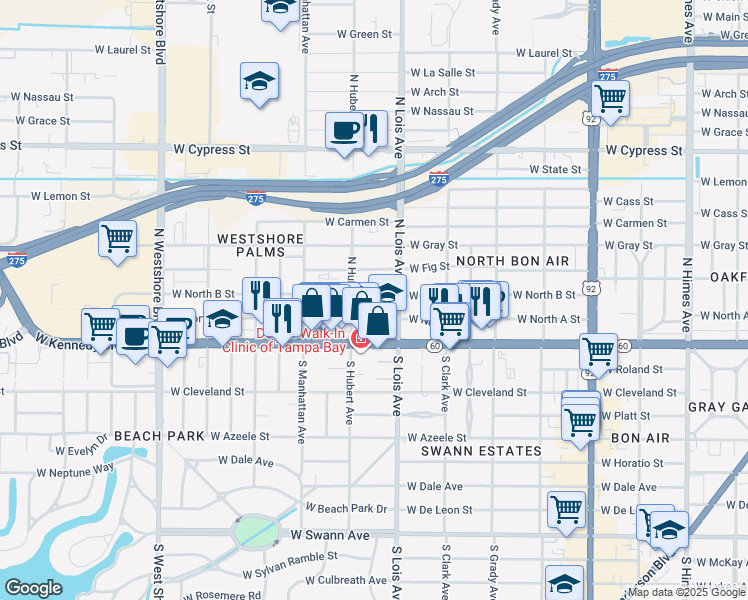 map of restaurants, bars, coffee shops, grocery stores, and more near 4212 West North B Street in Tampa