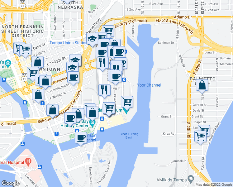 map of restaurants, bars, coffee shops, grocery stores, and more near 112 South 12th Street in Tampa