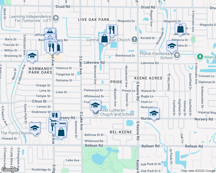 map of restaurants, bars, coffee shops, grocery stores, and more near 1380 South Duncan Avenue in Clearwater