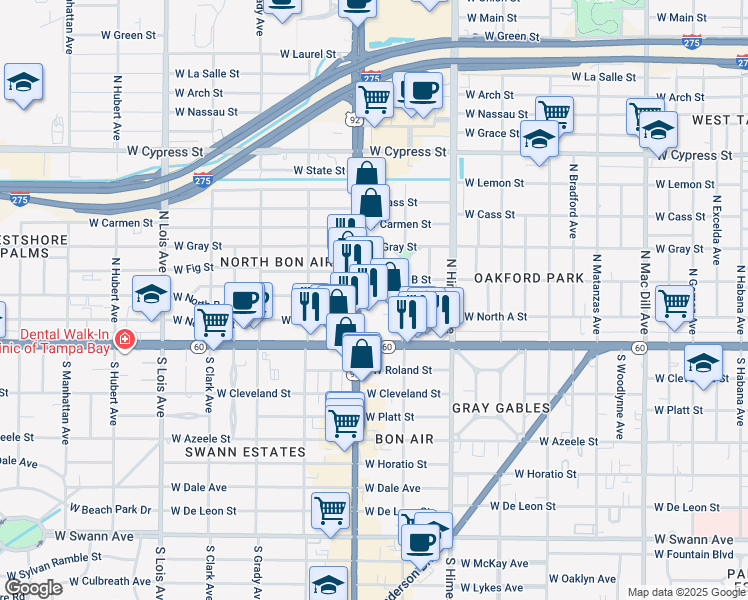 map of restaurants, bars, coffee shops, grocery stores, and more near 211 North Dale Mabry Highway in Tampa