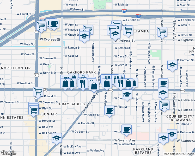 map of restaurants, bars, coffee shops, grocery stores, and more near 208 North Matanzas Avenue in Tampa