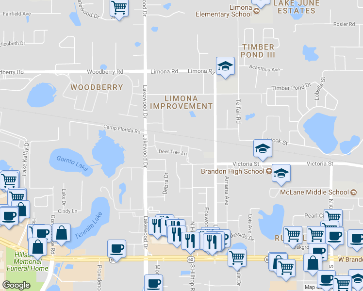 map of restaurants, bars, coffee shops, grocery stores, and more near 511 Broken Limb Place in Brandon
