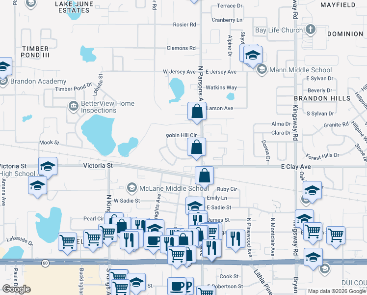 map of restaurants, bars, coffee shops, grocery stores, and more near 103 Inwood Circle in Brandon