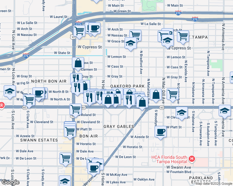 map of restaurants, bars, coffee shops, grocery stores, and more near 208 North Glen Avenue in Tampa
