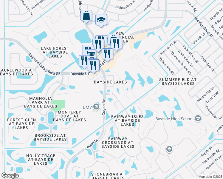 map of restaurants, bars, coffee shops, grocery stores, and more near 2025 Muirfield Way Southeast in Palm Bay