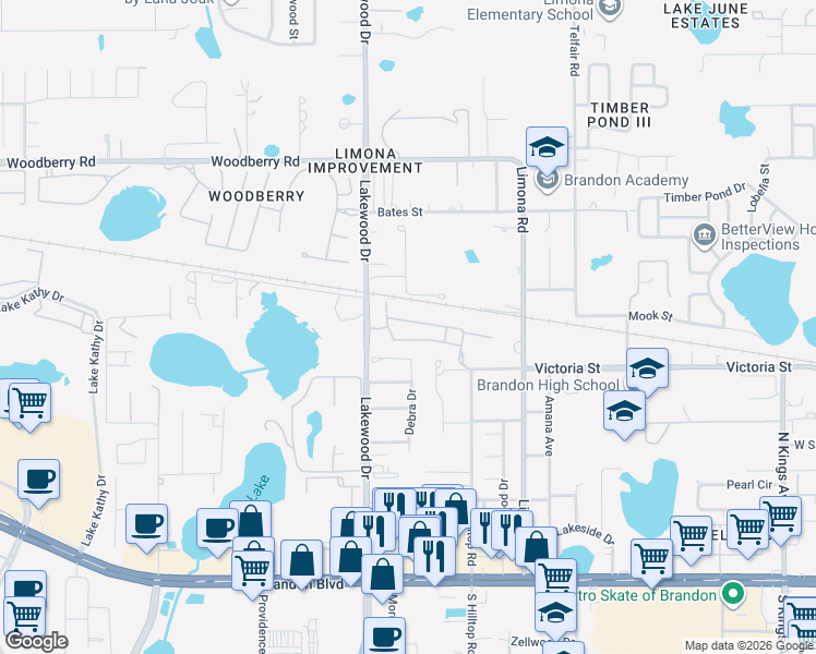 map of restaurants, bars, coffee shops, grocery stores, and more near 1543 Blue Magnolia Road in Brandon