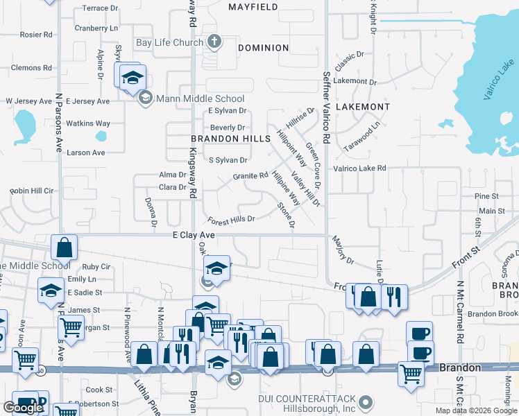 map of restaurants, bars, coffee shops, grocery stores, and more near 519 Hilldale Rd in Brandon