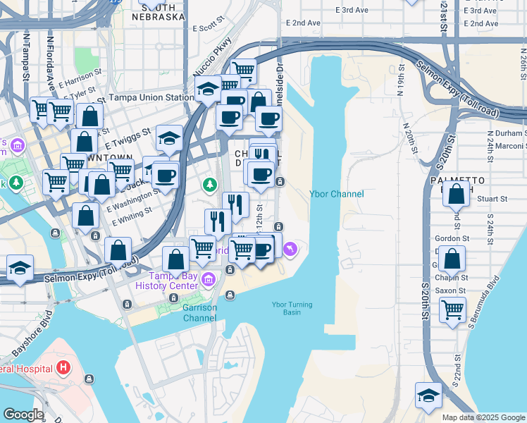 map of restaurants, bars, coffee shops, grocery stores, and more near 112 South 12th Street in Tampa