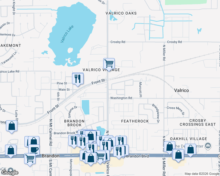 map of restaurants, bars, coffee shops, grocery stores, and more near 2102 Ridgemore Drive in Valrico