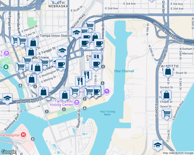 map of restaurants, bars, coffee shops, grocery stores, and more near 112 South 12th Street in Tampa